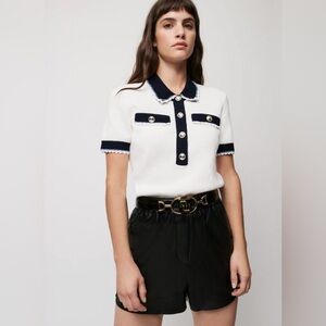 Maje White Short Sleeve Polo Top with Navy Trim and Pearl Buttons